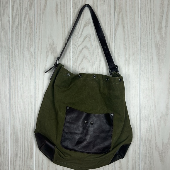 Treasure & Bone Army Green Brown Leather Canvas Shoulder Bag - Picture 2 of 9